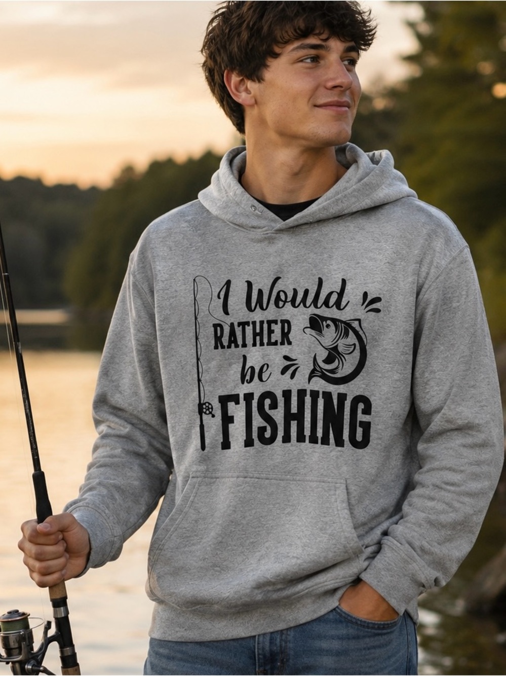 Gray 'I Would Rather Be Fishing' Hoodie for Men with kangaroo pockets Size Med